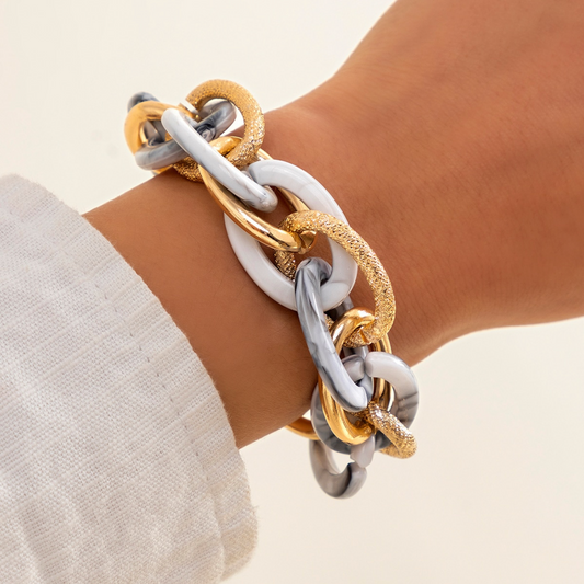 Goldtone Grey Marbled Chain Link Bracelet