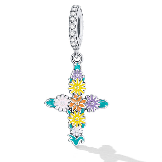 Sterling Silver Multi Colored Floral Cross Dangle Charm