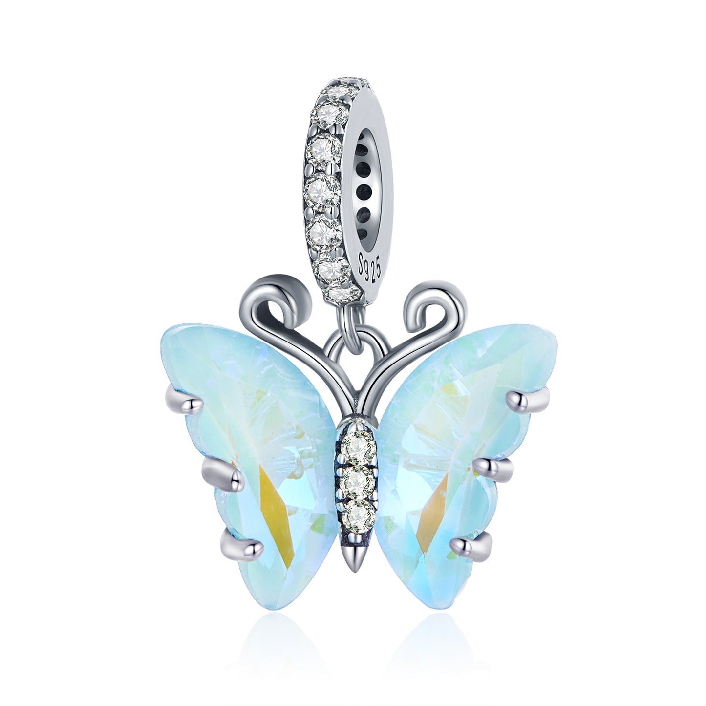 Sterling Silver White Blue Cubic Zirconia Butterfly Charm