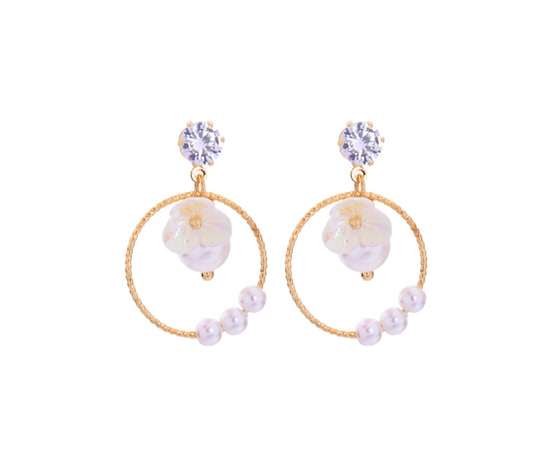 Gold & Faux Pearl White Flower Circular Earrings
