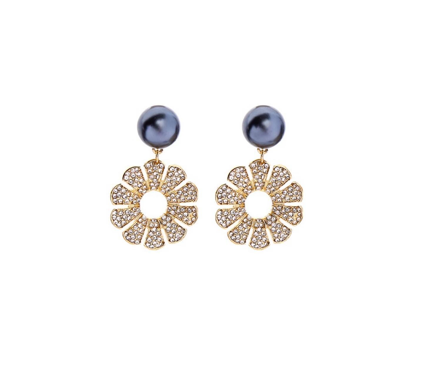 Navy & Goldtone Open Flower Drop Earrings