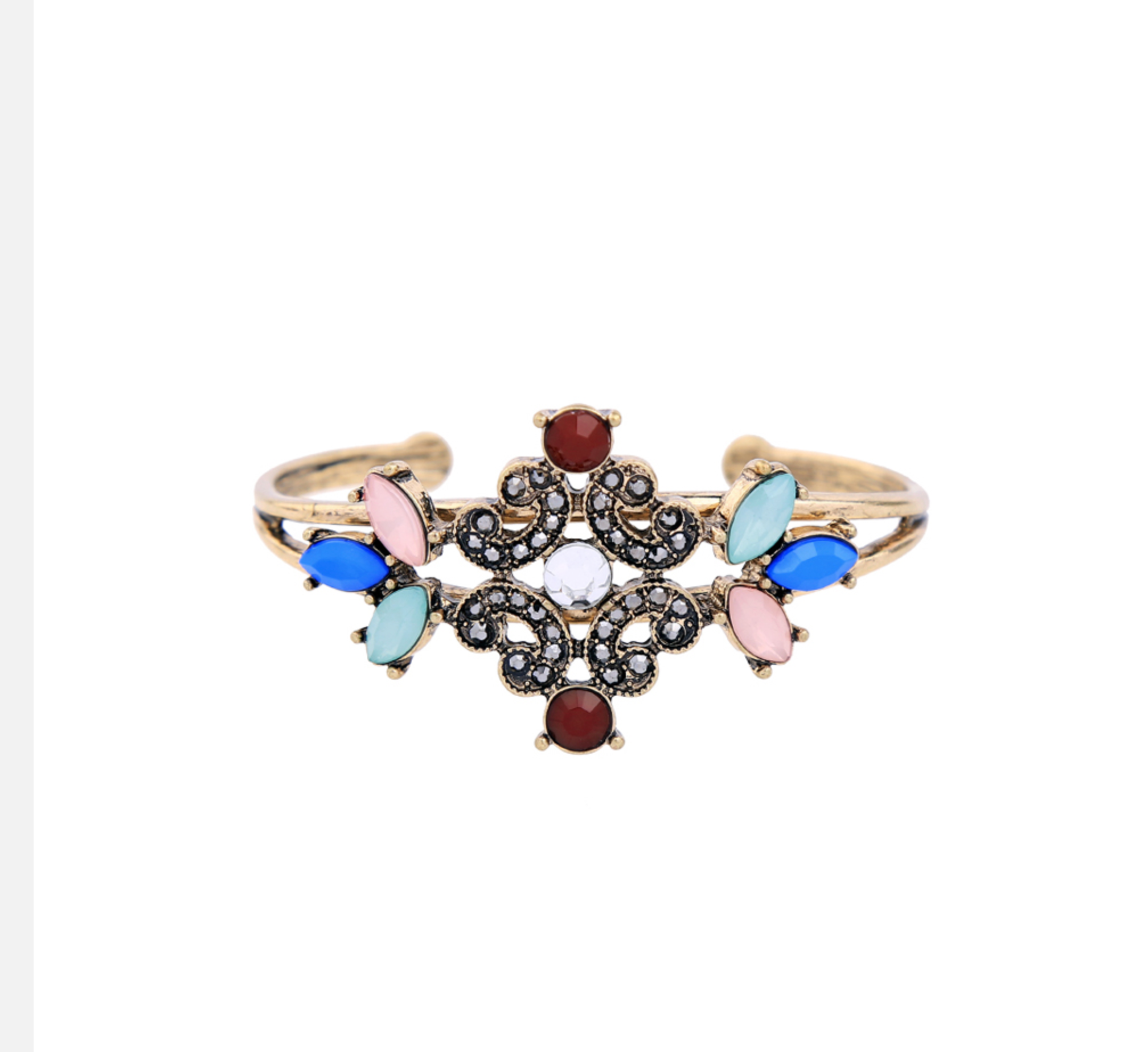 Art Deco-style bangle bracelet with multicoloured stones and floral centre detail
