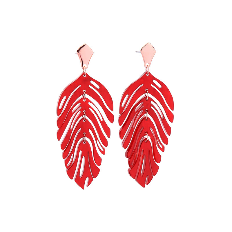 Long red leaf cutout drop earrings with pale pink studs