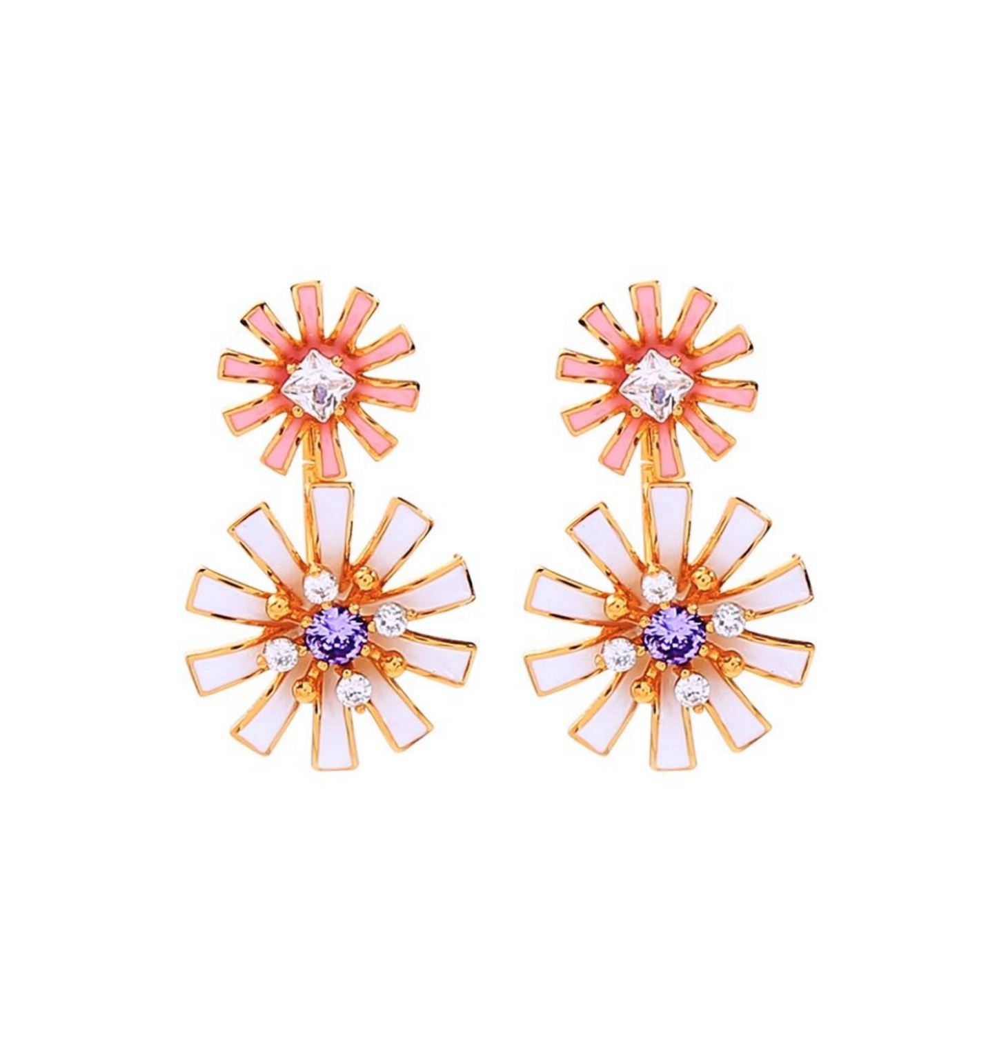 White & Peach Dual Floral Drop Earrings