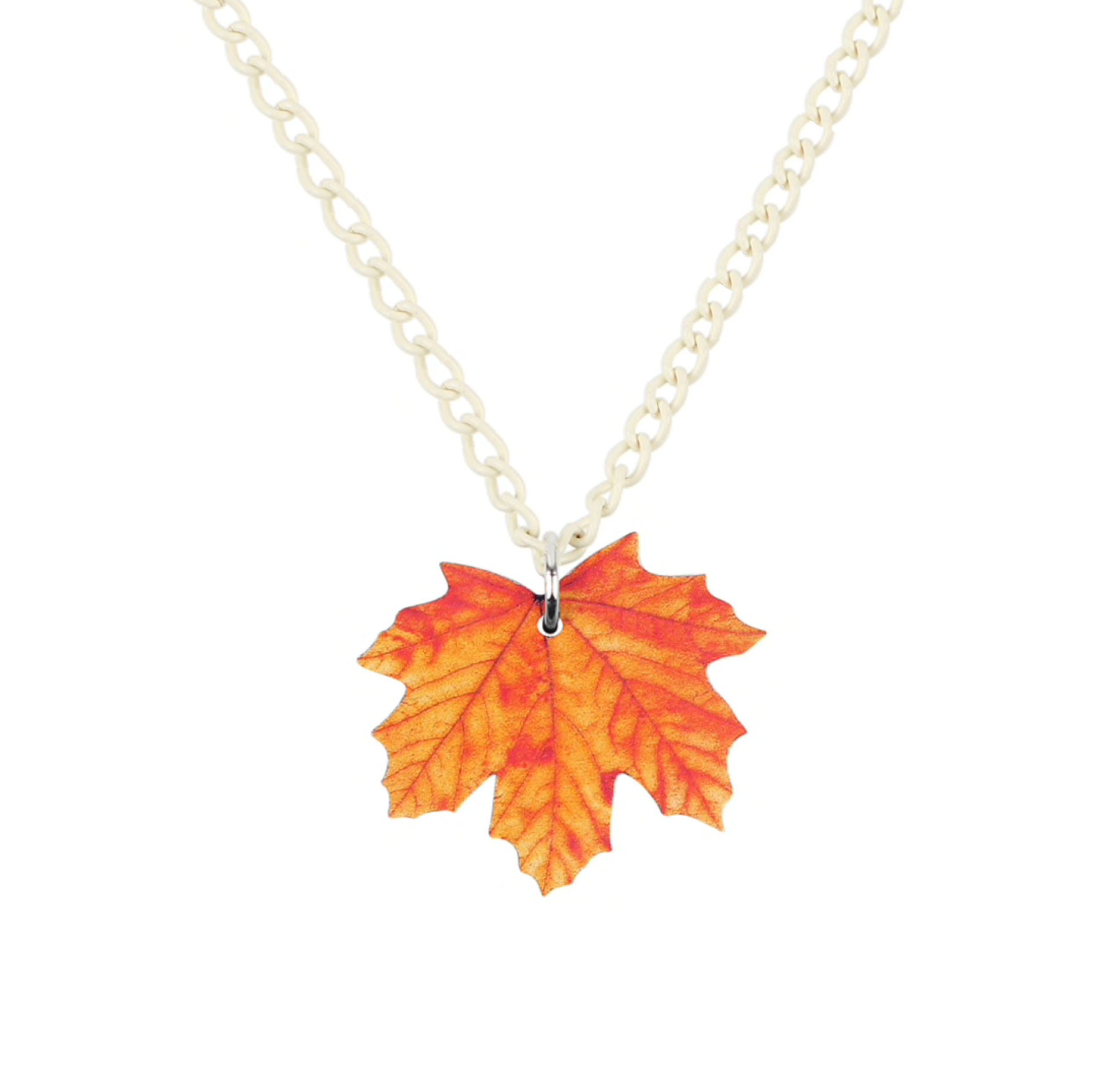 Orange maple leaf pendant on a goldtone chain
