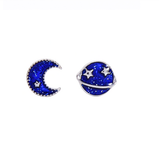 Blue Moon Planet Asymmetrical Stud Earrings