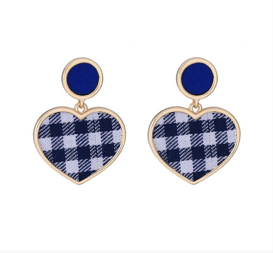 Blue Plaid Heart Earrings