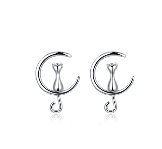 Sterling Silver Cat On Moon Stud Earrings