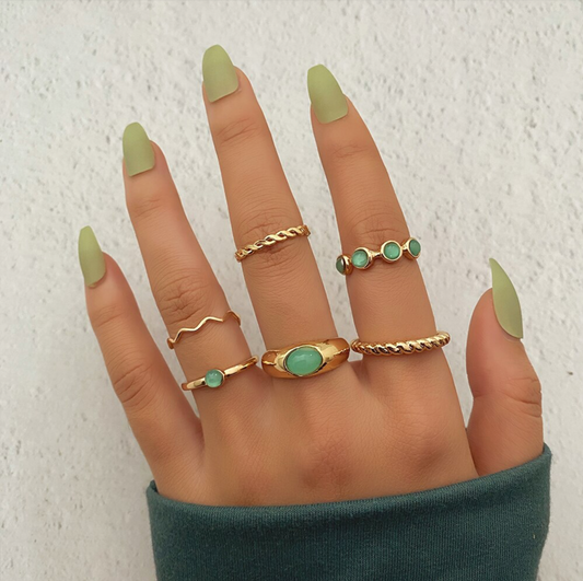 Goldtone Green Midi Ring Set - Sizes 5-8