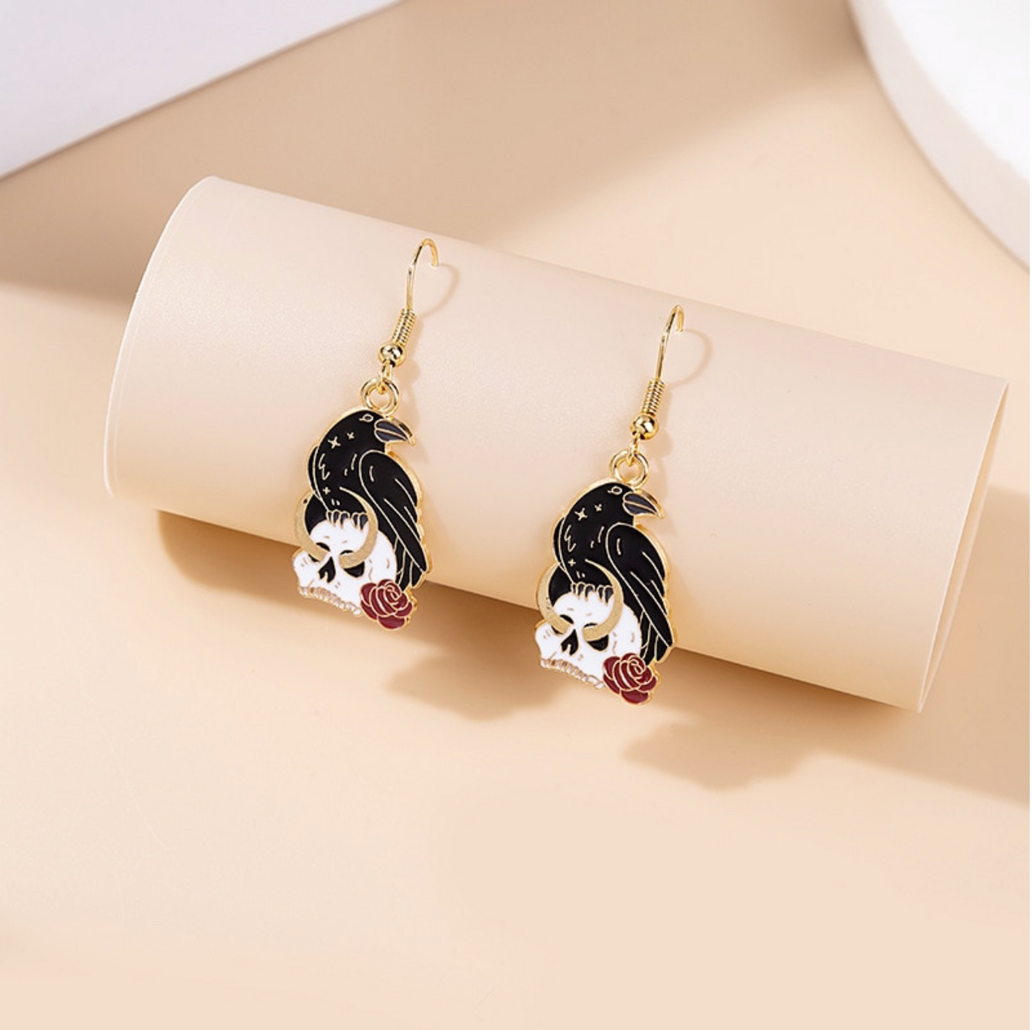 Black Raven With Rose Skeleton Drop Earrings