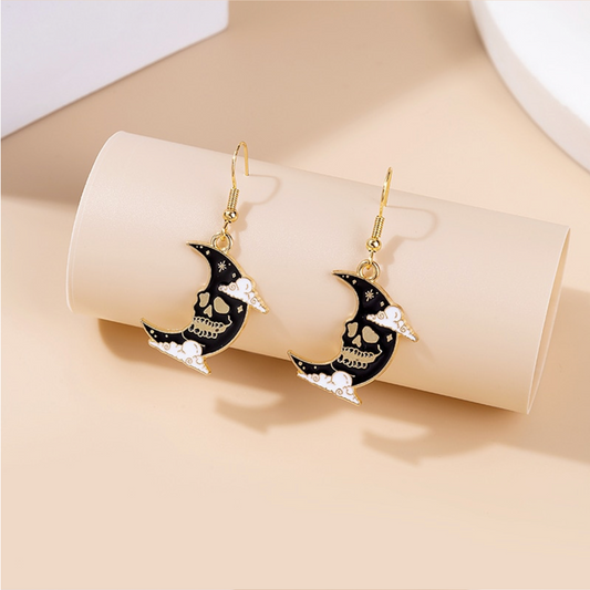 Black Skeleton Crescent Moon Drop Earrings