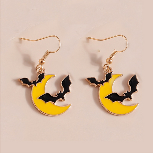 Black Bats Flying Over Crescent Moon Drop Earrings