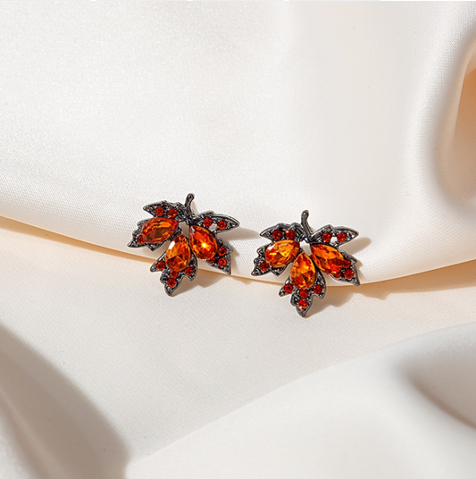Orange Crystal Maple Leaf Stud Earrings