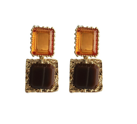 Brown Orange Dual Crystal Square Earrings