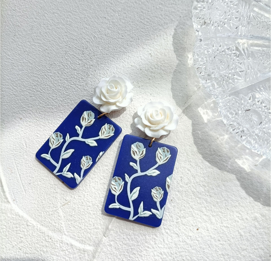 Blue White Rose Rectangular Earrings