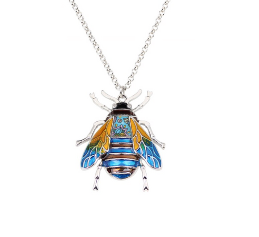 Blue Mix Mosaic Bee Pendant Necklace