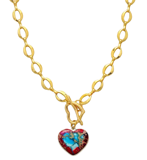 Goldtone Chain Link Jasper Stone Heart Pendant Necklace