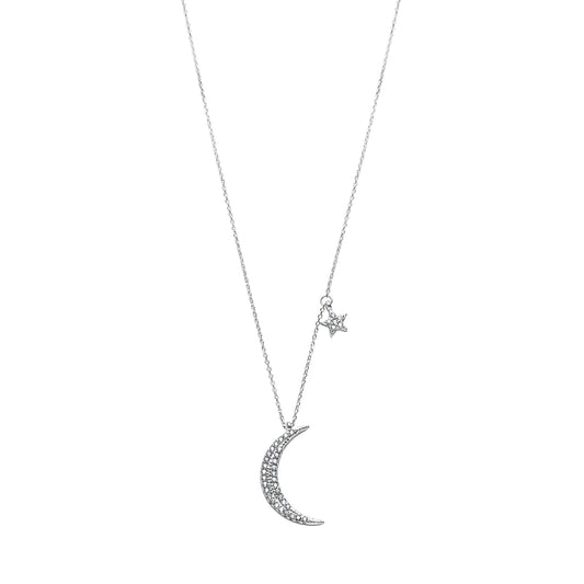 Sterling Silver Cubic Zirconia Crescent Moon Star Necklace