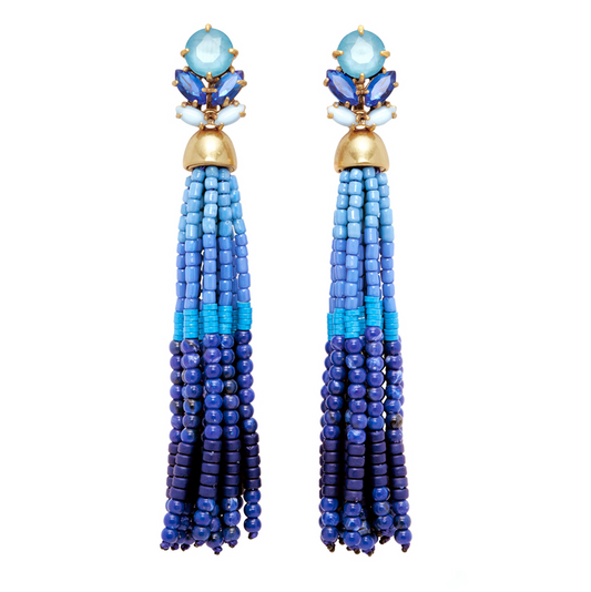 Blue Beaded Tasseled Drop Earrings