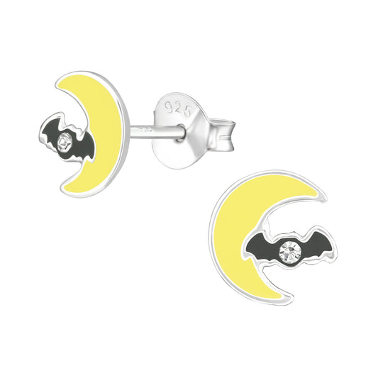 Sterling Silver Cubic Zirconia Flying Bat Crescent Moon Stud Earrings