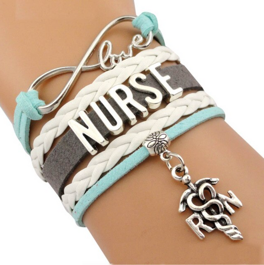 Teal White Nurse Braided Bracelet Set