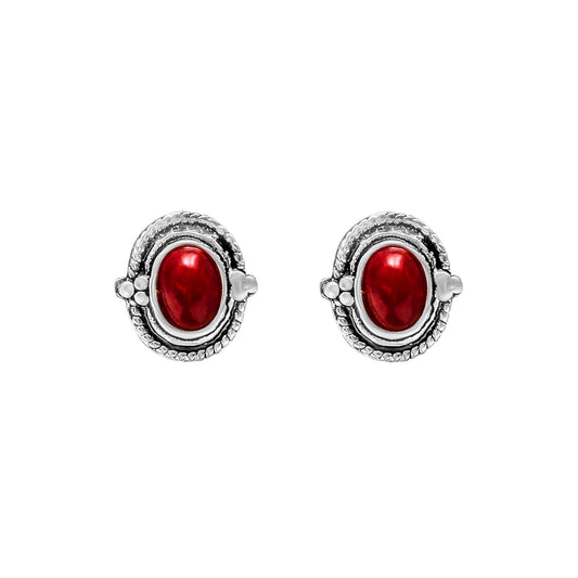 Sterling Silver Red Oval Stud Earrings