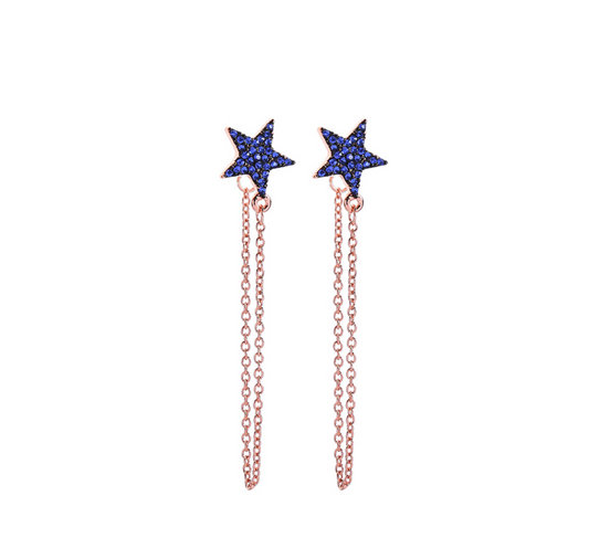 Blue Crystal Star Rose Goldtone Chain Drop Earrings