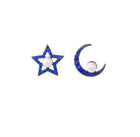 Blue Crystal Star Moon Asymmetrical Earrings