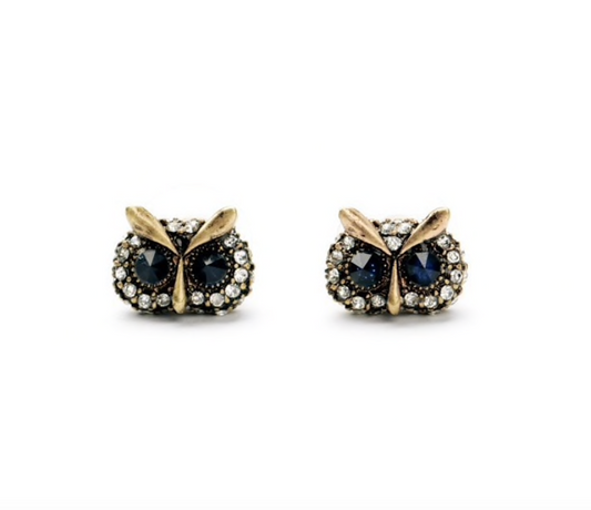 Black Crystal Owl Stud Earrings