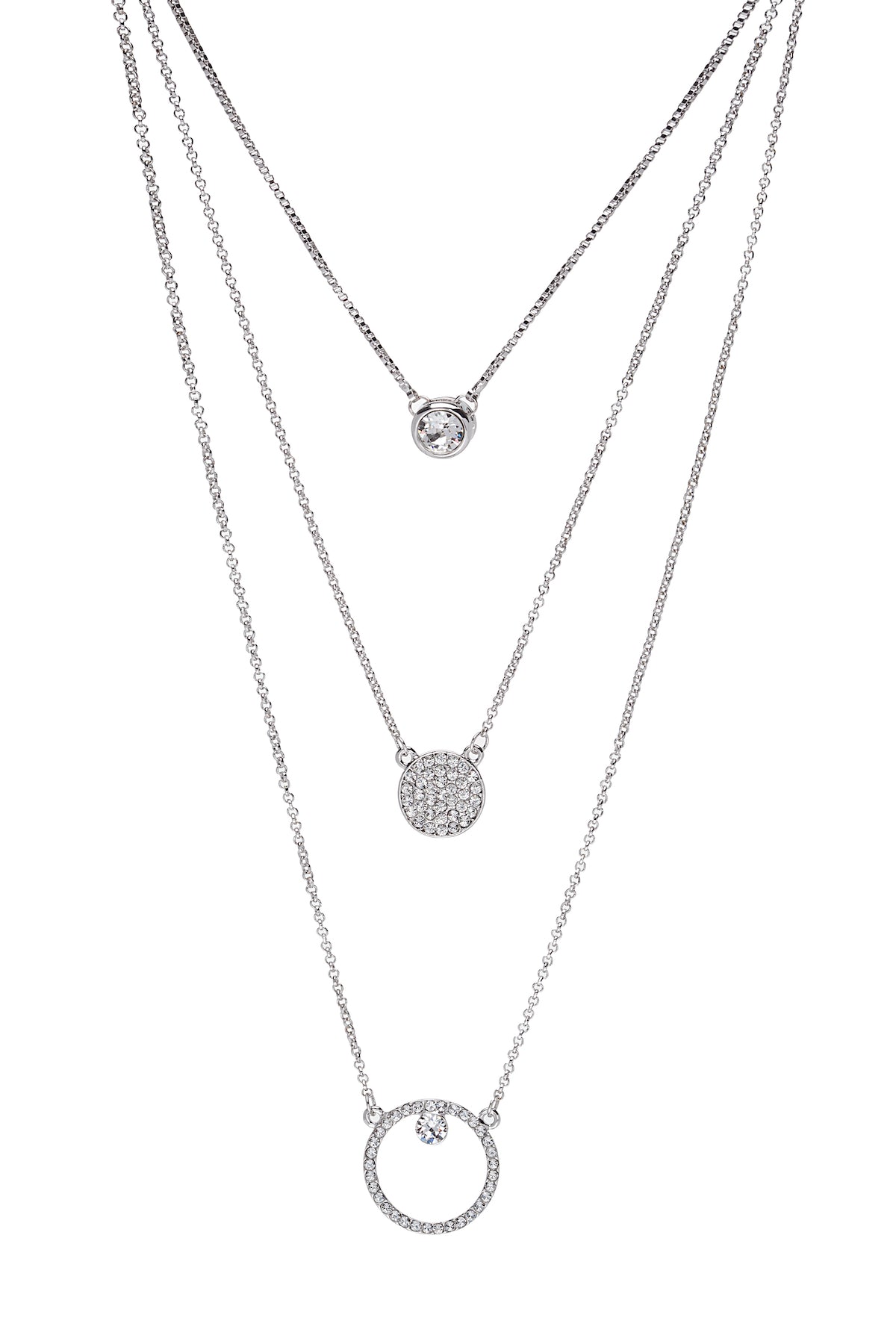 3 Layered Silvertone Clear Swarovski Crystal Pendant Necklace