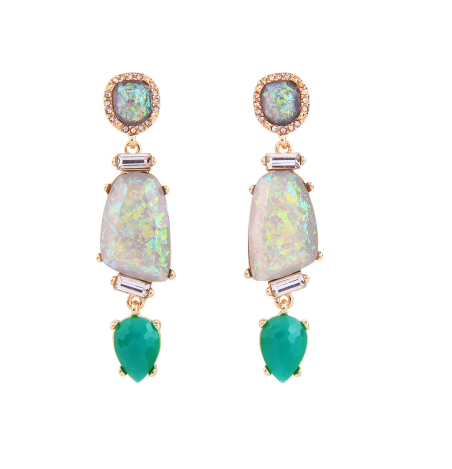 Gold-tone statement drop earrings with pale iridescent centres and green teardrops