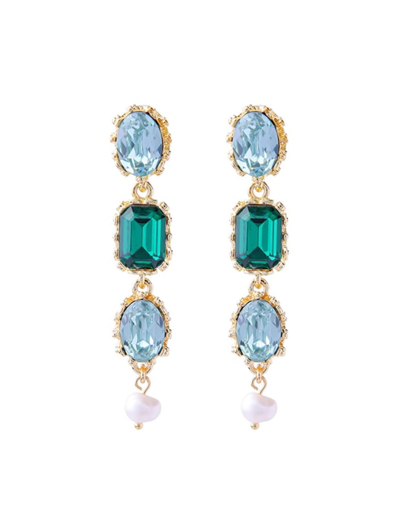 Blue Green Crystal Drop Earrings With Freshwater Pearl