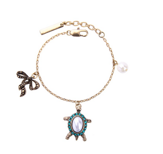 Goldtone Imitation Pearl Turtle Charm Bracelet