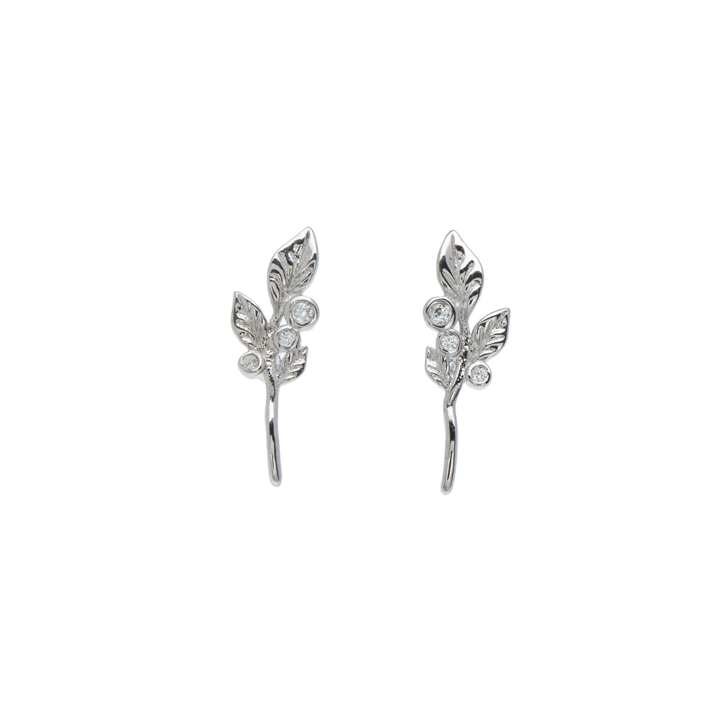 Sterling Silver Cubic Zirconia Leaf Branch Stud Earrings