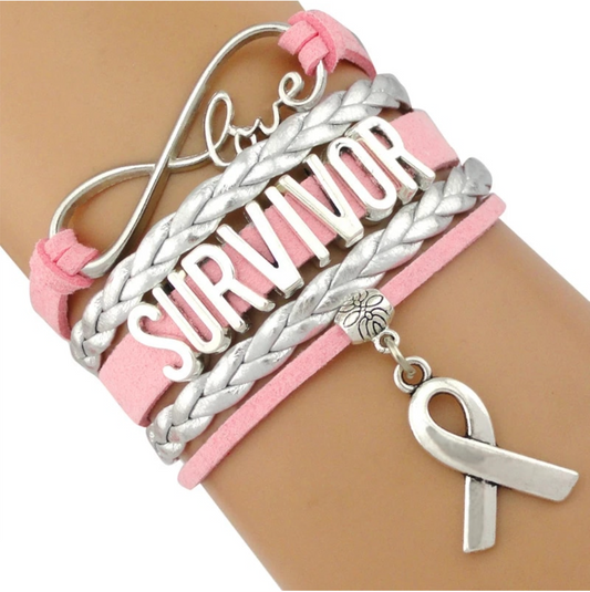 Pink Silver Survivor Breast Cancer Ribbon Bracelet