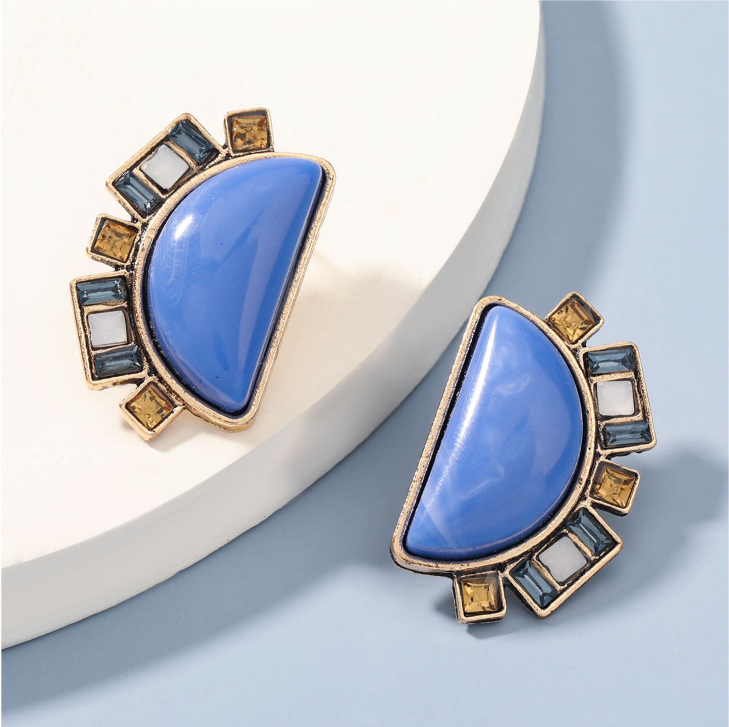 Blue Half Circle Geometric Stud Earrings