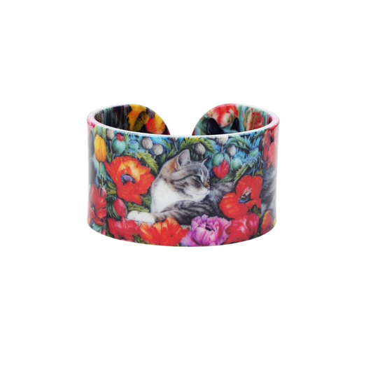 Red Grey Multicolor Floral Stop Smell The Roses Cat Bangle