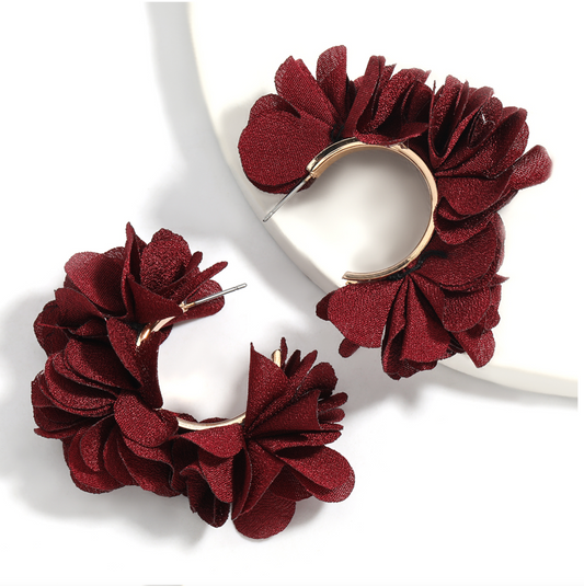 Burgundy Clustered Floral Statement Hoop Earrings