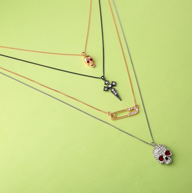 Rose Goldtone & Gunmetal Black Safety Pin Skull Layered Necklace