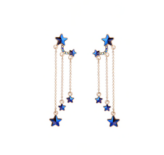 Blue Crystal Star Chain Drop Earrings