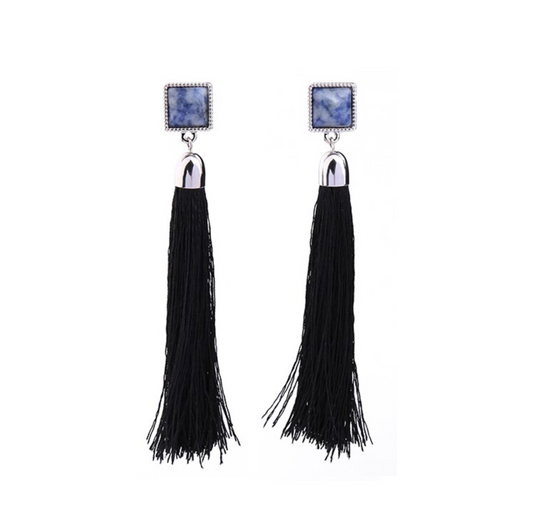 Blue Square Black Tasseled Drop Earrings