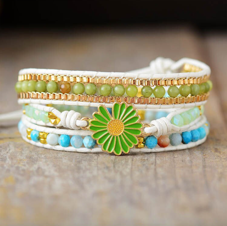 Handmade Blue Green Gemstone Wrap Bracelet With Green Flower