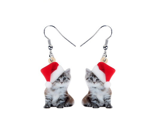 Cat In Santa Hat Drop Earrings