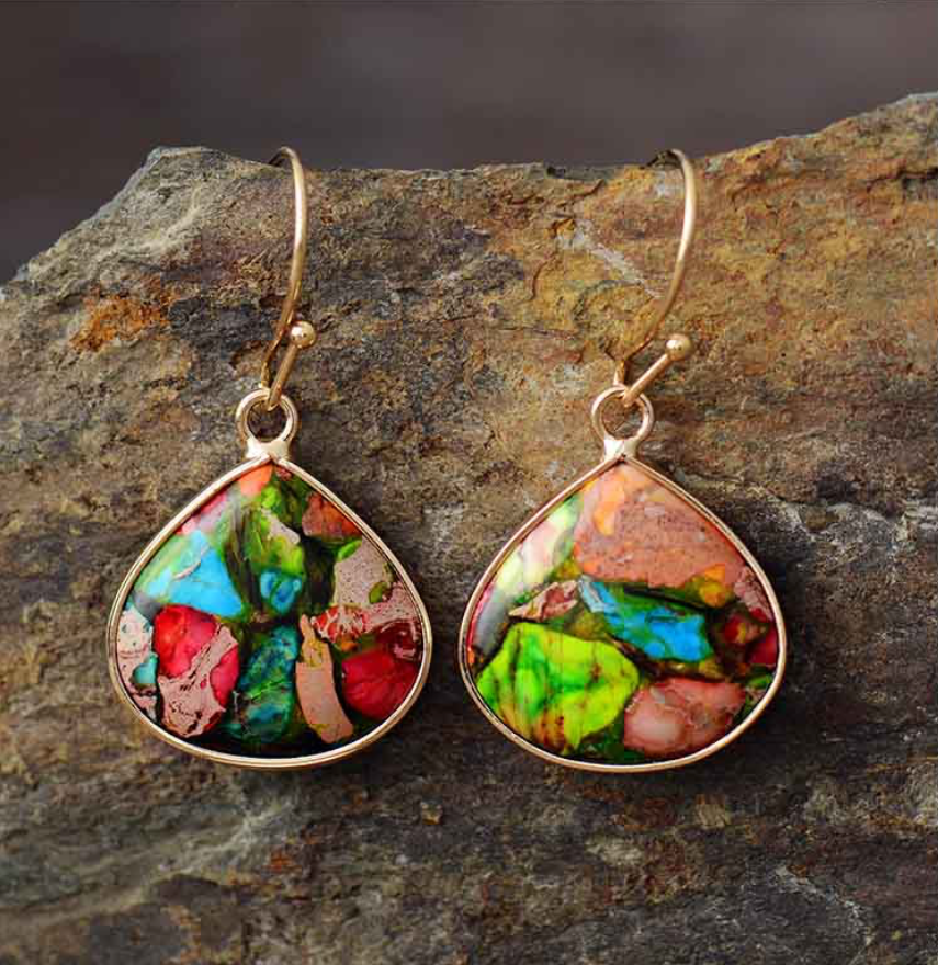 Teardrop Multi Colored Howlite Gemstone Drop Earrings