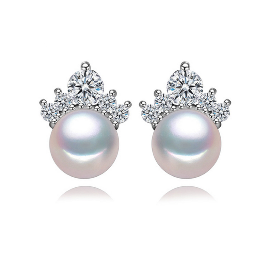 White Freshwater Pearl Stud Earrings With Cubic Zirconia Crown