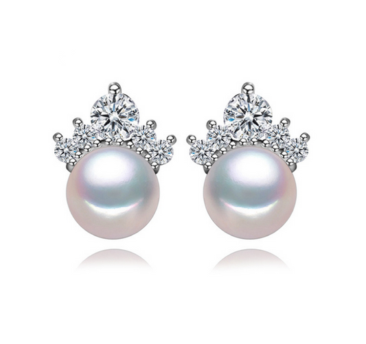 White Freshwater Pearl Stud Earrings With Cubic Zirconia Crown