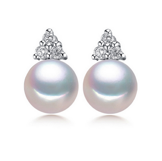 White Freshwater Pearl Stud Earrings With Triangle Cubic Zirconia