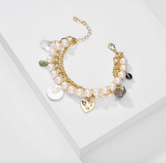 Goldtone Imitation Pearl Charmed Bracelet