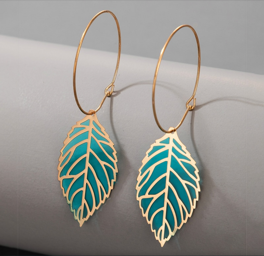 Goldtone Teal Leaf Hooped Earrings