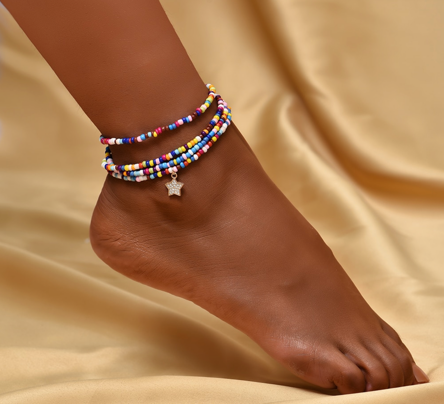 Multi Colored Beaded Anklet Set With Star Charm